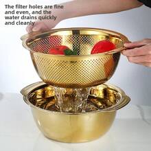 2pcs Stainless Steel Kitchen Set - Includes Thick Multi-Function Colander And Steamer Basket, Suitable For Rinsing Rice, Fruits, Pasta, Soup Pot And Whisk | Dishwasher , Anti-Rust, Space-Saving Design - Golden Drain Net - View 3