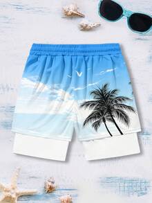 男士海龟棕榈树印花双层沙滩短裤，男士度假风沙滩裤 - 彩色 - 查看 3