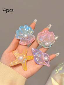 4pcs Iridescent Shell Hair Clips, Starfish & Seashell Pearl Decor Bangs Clips, Girly Ocean Style - Multicolor - View 2