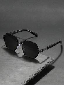 一副男士金色边框双梁不对称多边形时尚眼镜，金属材质，防晒，轻奢欧式街头风时尚眼镜，黑金镜腿，都市漫步风格 - 彩色 - 查看 5