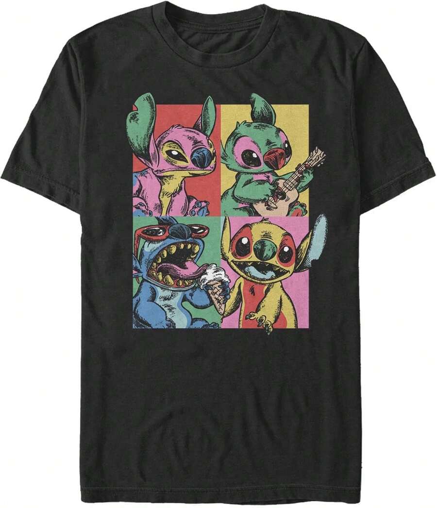 Men's LILOS & STITCHS Retro Panel T-Shirt Summer Holiday Outfits,Tops For Women,Summer Tops,Black Tops,Summer Clothes,Party Tops,Funny T Shirts,Men Clothes,Gifts For Men,Girls Clothes,Boys Outfits,Family Matching Outfit,Matching Mum And Daughter Outfit - Black - View 1