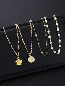 4pcs Vintage Bohemian Style Metal Shell & Faux Pearl Flower Pendant Tassel Necklace Set, Y-Shaped Chain, Suitable For Daily Wear And Beach Vacation, Women Jewelry - Gold - View 5