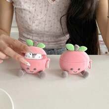 1pc Cute Cartoon 3D Flocked Texture Peach Graphic Silicone Earphone Protective Case, Suitable For AirPods 1/2/3/Pro/Pro2/Pro3, FreeBuds 4/4E/5i/6i/Se2/Se3/Pro3/Pro4, Clip - 粉色 - 查看 3