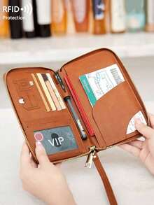 CHARM INFINITE Travel Passport Wallet RFID Blocking Creative Design Zipper Closure Multiple Card Slots Wrist Strap For Airplane Tickets Credit Cards Travel Organizer Beach Vacation Summer Gift - 棕色 - 查看 5