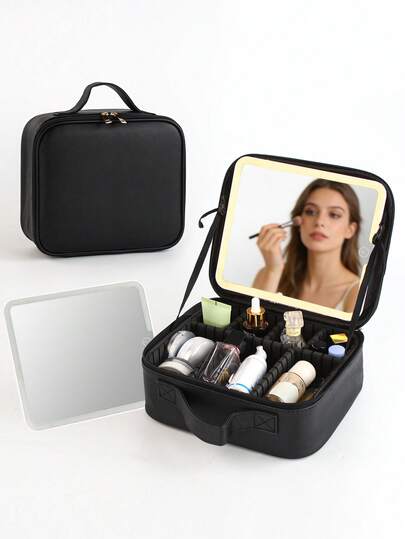 1件装经典婚礼化妆LED灯化妆镜化妆包，3种颜色设置，带镜子和LED灯的化妆包，USB充电，独立收纳隔层，婚礼必备