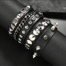 1/3 件套黑色哥特式 PU 皮革铆钉朋克哥特手链，男女通用 - 黑色#1 - 查看 3