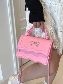 Fashion Solid Color Handbag, Casual Crease Flap Small Square Bag With Bowknot Metal Hardware Lock Closure, Tote Shoulder Crossbody Bag, Spring/Summer New - Pink - View 6