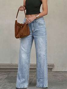Jeans de cintura baja, pierna ancha y holgada con estilo Y2K para mujeres altas, moda callejera punk - Azul - Ver 3