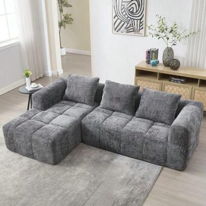 Modern Corner Sofa, L-Shaped Sofa, 3-Seater Sofa, Delivered Assembled, Chenille Sofa With Chaise Longue And Armrests, 3 Cushions, Side Pocket For Remote Control, Grey