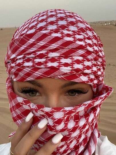 1 pieza Accesorio de moda árabe, pañuelo cuadrado con estampado de cuadros clásico del desierto, chal árabe con flecos resistente al sol y al viento, adecuado para uso diario, playa, vacaciones