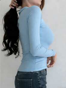 新款女士运动休闲高领V领长袖上衣，适合户外休闲、跑步、运动、瑜伽，多种颜色可选，适合所有季节，春季皆宜。 - 淺藍色 - 查看 3