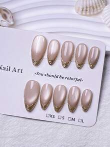 10pcs Handmade Almond-Shaped Metal Edged Nail Stickers, French Manicure Design, Champagne Cat Eye Effect. Minimalist Multi-Purpose Design, Fashionable And Elegant, Suitable For Any Occasion. Nail System, Easy To Wear And Remove. - Gold - View 1