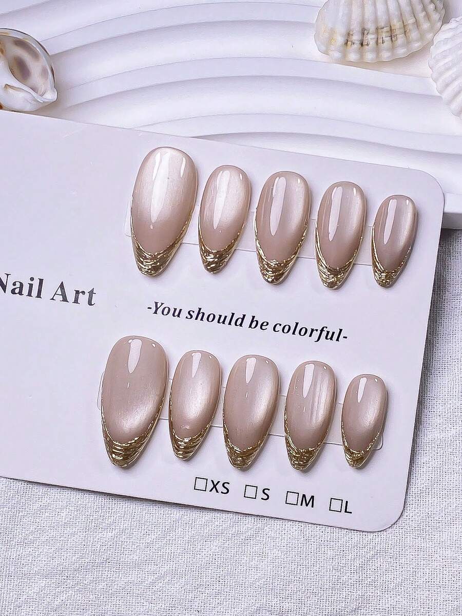 10pcs Handmade Almond-Shaped Metal Edged Nail Stickers, French Manicure Design, Champagne Cat Eye Effect. Minimalist Multi-Purpose Design, Fashionable And Elegant, Suitable For Any Occasion. Nail System, Easy To Wear And Remove. - Gold - View 1