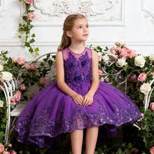 女童无袖网眼公主拖尾连衣裙，儿童派对礼服 - 紫色 - 查看 2