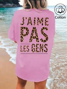「J'AIME PAS LES GENS」豹紋字母印花，女式寬鬆T卹，夏季上衣，K-Pop戰士系列，純棉上衣，女裝服飾，女式夏裝，針織服飾，派對裝束，大碼女裝，大碼女式圓領寬鬆上衣，閨蜜裝，度假服飾，休閒運動裝，優雅上衣，女士運動裝,頂部女裝，促銷女裝，男女同款，青少年裝、基本款T卹，夏季女裝，柔軟舒適，Y2K風格,夏季、情人節、狂歡節、聚會、海灘、婚禮、外出活動、優雅、度假、休閒、奢華、千禧年、亮片、豹紋、圓點圖案、圖形、花卉、迷彩 - 粉色 - 查看 2