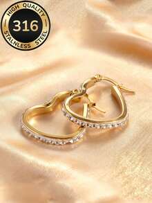Light Luxury Exquisite Diamond-Encrusted Heart Hoop Earrings, Dazzling And Elegant Design, 316 Stainless Steel Jewelry, Lightweight Eye-Catching Accessories, Suitable For Women's High-Quality Low-Fading Minimalist Earrings For Commuting, Available In Gold And Silver, Perfect For Parties And Daily Wear, Ideal Gift Choice - Heart-shaped - View 8