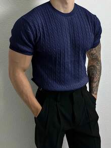 Men's Solid Color Minimalist Casual Short Sleeve Knit Sweater - Navy Blue - View 3