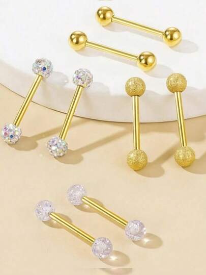 8pcs Minimalist Round Ball Tongue Rings, Stainless Steel Crystal Ball Tongue Piercing Jewelry