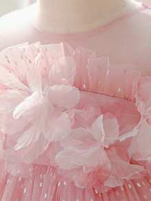 Young Girls Elegant Ruffle Mesh Floral Cake Dress, Suitable For School Dances, Birthday Parties - Pink - View 6