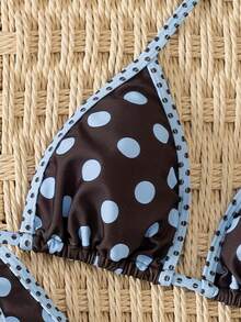 Bộ đồ bơi 2 mảnh gợi cảm và thời trang dễ thương họa tiết chấm bi buộc dây cổ cho nữ, thích hợp cho bãi biển, kỳ nghỉ, du lịch và hẹn hò, mùa xuân/hè. - Màu nâu với chấm xanh - Xem 5