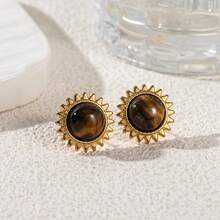 1 Pair 18K Gold Plated Stainless Steel Bohemian Sunflower & Tiger Eye Stone Earrings, Vintage High-End Fashion Earrings For Women - Gold - View 5