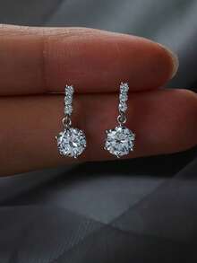 1 Pair Fashion Minimalist Full Rhinestone Pave Stud Earrings, Niche Premium Sparkling Zirconia Ear Studs Earrings Jewelry For Women - Silver - View 3
