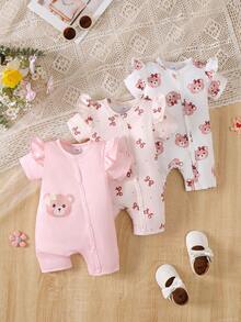 BrownBark 3pcs Baby Girls Summer Casual Cute Fresh Outfit Set, Romper, Bear & Bow Pattern, Newborn Baby Girl Bodysuit - Multicolor - View 1