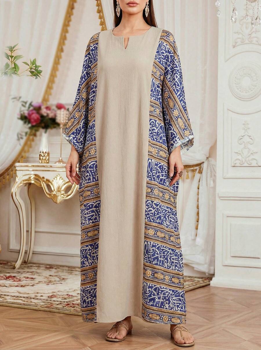 Solessence Women's Elegant Placement Print Long Sleeve Round Neck Loose Long Dress, Casual Wear - Multicolor - View 1