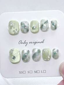 10 piezas de uñas postizas ovaladas cortas de ojo de gato de acrílico verde hechas a mano, puntas de uñas de cobertura completa, adecuadas para mujeres y niñas para manicura DIY - Verde - Ver 2