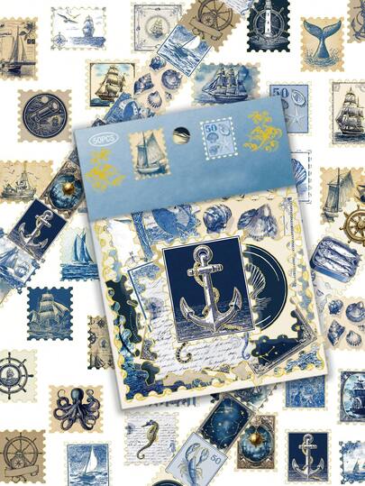 50 pezzi Adesivi vintage blu nautici adatti per superfici metalliche, ideali per taccuini, libri, paraurti, caschi e decorazioni per agende. Perfetti come omaggi per feste e regali, funzionano anche su superfici in ceramica