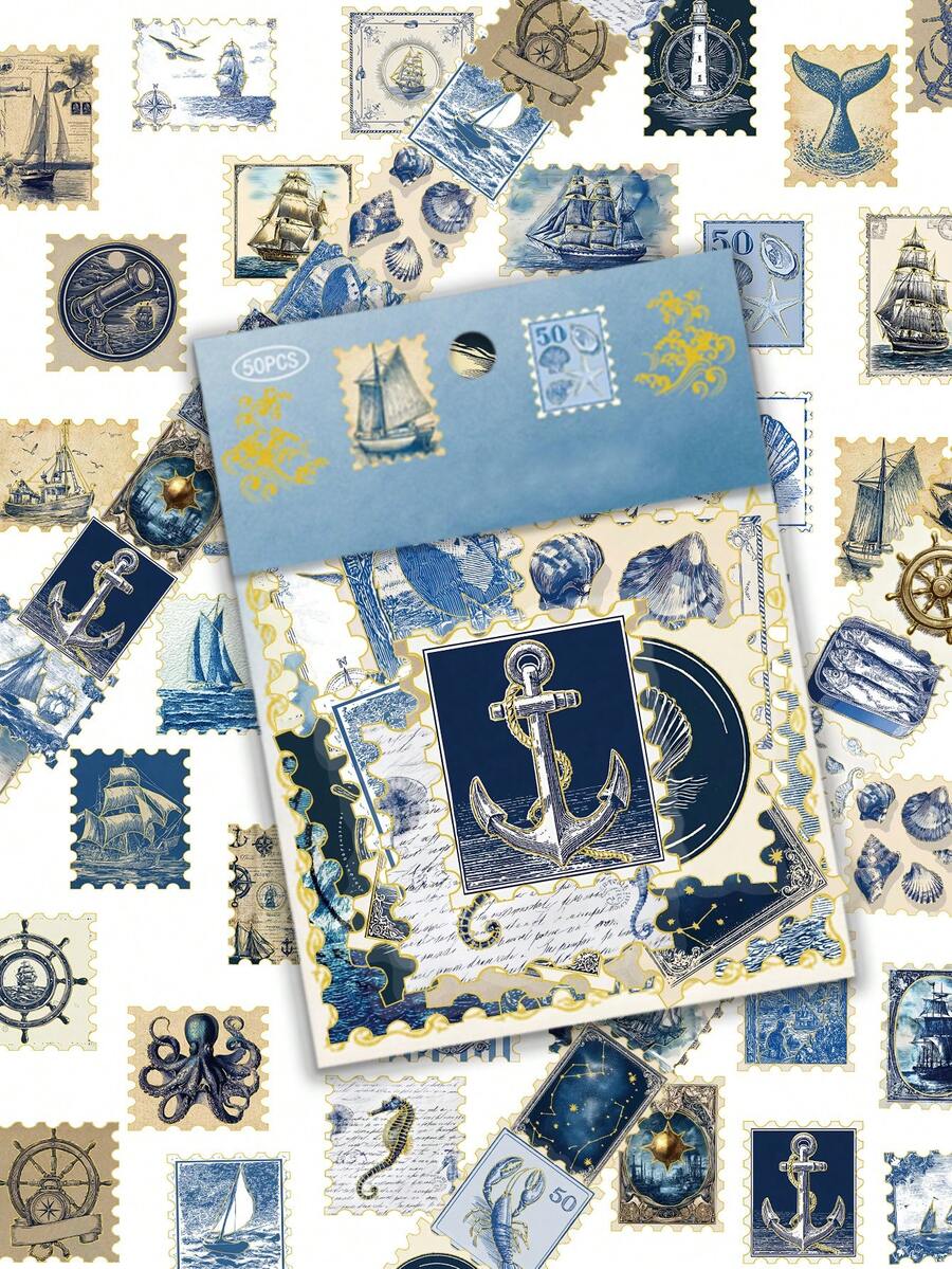 50 pièces Autocollants bleus vintage nautiques pour surfaces métalliques, convenant aux cahiers, livres, protections de pare-chocs, casques et décorations de planificateurs. Idéal comme faveurs de fête et cadeaux, fonctionne également sur les surfaces en céramique