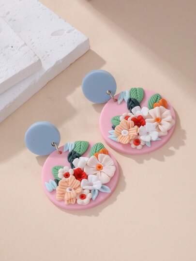 一对手工制作的逼真3D彩色花朵双圈耳环，女士款，自然风格，手工制作，时尚百搭，适合聚会、度假、派对、市集、日常佩戴，也可作为礼物。