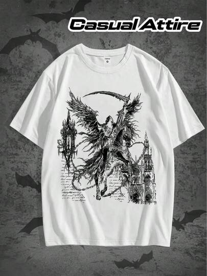 Men's Gothic Dark Angel & Scythe T-Shirt - Black/White /Korean Manga-Inspired Print, Casual Short Sleeve Round Neck Tee, Durable Polyester Fabric For & Casual Attire (Angel/Demon Character Design)