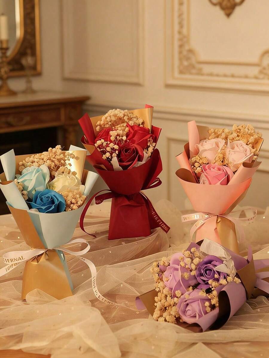 1件/2件/4件套人造花套装包含3朵人造玫瑰、满天星、花束包装纸和1朵20厘米x13厘米的永生花,是送给母亲、女友或朋友的生日或周年纪念日理想礼物。 - 粉色 - 查看 1