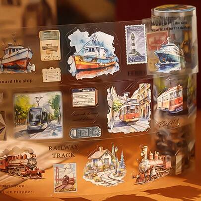 1 Roll, Vintage Airplane-Themed Notebook Tape Die-Cut PET Tape, Cut-Out Thin Accessories, Notebook Stickers Suitable For Multiple Scenarios: Phone Case, Water Bottle Decoration, Trash Diary