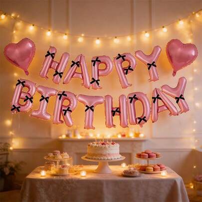 Bộ chữ "Chúc mừng sinh nhật" 16 inch kèm nơ đen, trang trí bóng bay bằng giấy bạc cho tiệc sinh nhật, quà tặng sinh nhật, sự kết hợp sáng tạo giữa chữ "Chúc mừng sinh nhật" màu hồng và nơ đen.