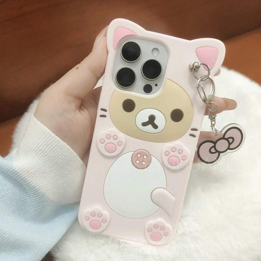 Cute Cartoon 3D Rilakkuma Phone Case For 17 16 15 14 13 12 11 Pro X XS Max XR 6 7 8 Plus 5 5S SE Key Chain Pendant Cover - với màu hồng YSK - Xem 1