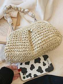 Dedoo 乡村度假风草编包，夏季云朵造型草编腋下包，配串珠链条，可爱小巧的单肩包，独特的夏季度假风，适合约会、旅行、咖啡馆等场合。 - 米色 - 查看 7