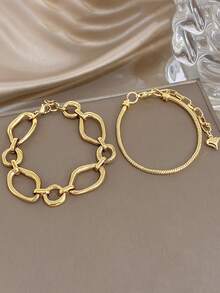 Damen minimalistische Herz-förmige Ketten Armband Set, geometrische mehrschichtige goldene Ketten Armband geeignet für Alltag, Party, Valentinstag, Hochzeit, Musikfestival, Muttertags Geschenk - Verschiedenfarbig - Übersicht 4