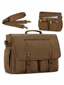 Cặp tài liệu nam bằng vải bố cổ điển 17-17,3 inch, túi đeo vai kiểu vintage, túi đựng laptop chống thấm nước dung tích lớn, ba lô bền chắc cho công việc và du lịch, màu nâu/xám. - Nhiều màu - Xem 10
