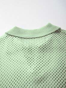 Solid Color Semi-Transparent Mesh V-Neck Collared T-Shirt, Elegant & Sexy, American Style Versatile For Commute & Date, Short Sleeve Top, Summer - Green - View 6