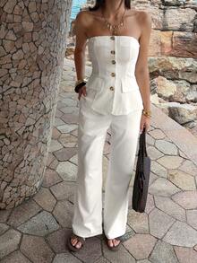 PoPoHouse Women's Elegant Two Pieces Set Sexy Backless Strapless Button Down Top & Loose Wide-Leg Pants Daily Casual Office Commute Summer Beach Vacation Going Out Outfit White Set - White - View 7