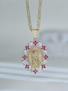 1pc 3D Hollow Virgin Mary, St. Jude, St. Michael Flower Stone Pendant Necklace, Suitable For Men And Women Daily Wear, Party, Prayer - Multicolor - View 5