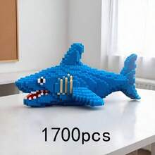 1700pcs New Shark Building Blocks Set, Large Blue Shark Puzzle Decor, Hands-On Assembly Toy Decor, Holiday Gift, Office Decor, Creative Building Block Animal Model Fish, Detailed Collectible 3D Stereoscopic Model, Suitable For Home Decor, Birthday/Christmas/Halloween/Holiday Gift - Blue - View 7