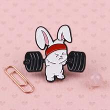 Cute Fitness Bunny Brooch, Barbell Enamel Pin, Fitness Lover Backpack Accessory, Adorable Barbell Bunny Funny Sports Style Pin - Black - View 6