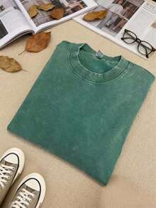 Oversized Washed Gray Short Sleeve Tee, Loose Fit Vintage Streetwear Style, Basic Summer - Green - View 2