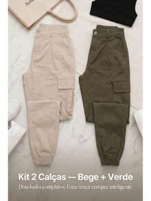 Stillger Moda Jeans Kit 2 Women's Cargo Jeans Jogger High Waist Butt Lifting Premium Pants With Lycra Side Pockets - 米色和深綠色 - 查看 4