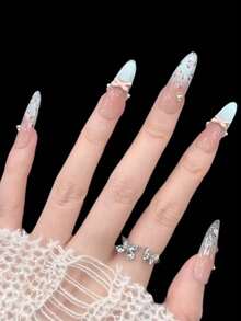 10片可爱粉色豹纹腮红法式猫眼美甲蝴蝶结手工亚克力按压式假指甲，长杏仁形，附赠果冻胶和指甲锉，DIY美甲用品，适合情人节、音乐节、学校旅行等场合。手工按压式假指甲 - 彩色 - 查看 5