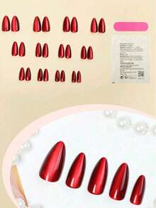 24pcs Minimalist European And American Red Press-On Nails, Medium Almond Shape, Elegant Cat Eye Design, Glossy Full Coverage False Nails, Nail Care Set With Gel Polish And File For Women And Girls - Red - View 3