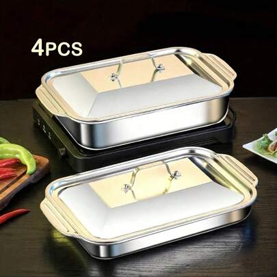  ZTVZTV 4-Piece (2 Stainless Steel Deep Pans And 2 Lids With Handles) Heavy-Duty Stainless Steel Rectangular Fish Baking Tray With Lid,430 Stainless Steel, Large Capacity Multi-Purpose Heating Tray, Suitable For Barbecue, Buffet And Home Cooking, Suitable For Dessert, Bread, Seafood, Suitable For Barbecue, Buffet And Home Cooking, A Must-Have For Holiday Cooking